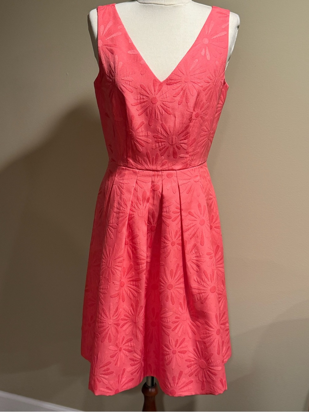Tahari Coral Pink V-Neck Embroidered A-Line Midi Dress
